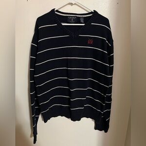 THRE3 CLOTHING CO Classic Striped Knit Sweater Navy Blue White Men's Size XL GUC